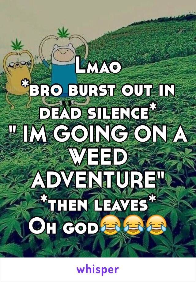 Lmao 
*bro burst out in dead silence*
" IM GOING ON A WEED ADVENTURE"
*then leaves*
Oh god😂😂😂