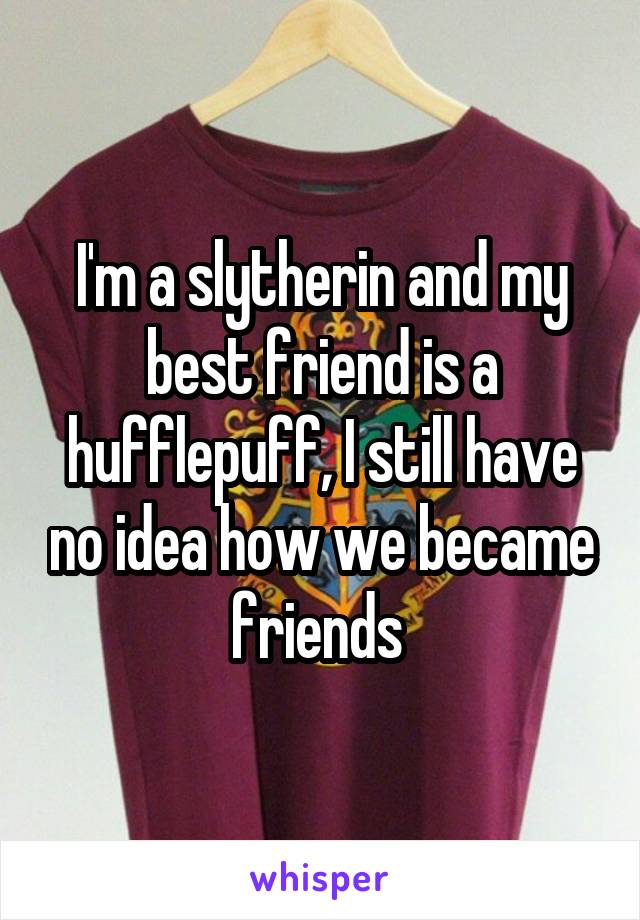 I'm a slytherin and my best friend is a hufflepuff, I still have no idea how we became friends 