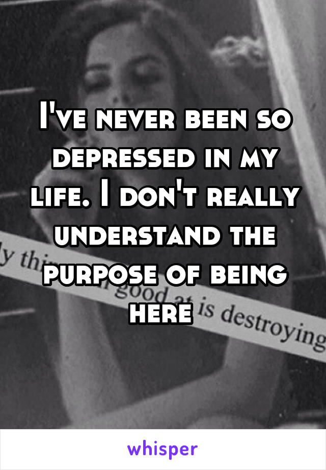 I've never been so depressed in my life. I don't really understand the purpose of being here 
