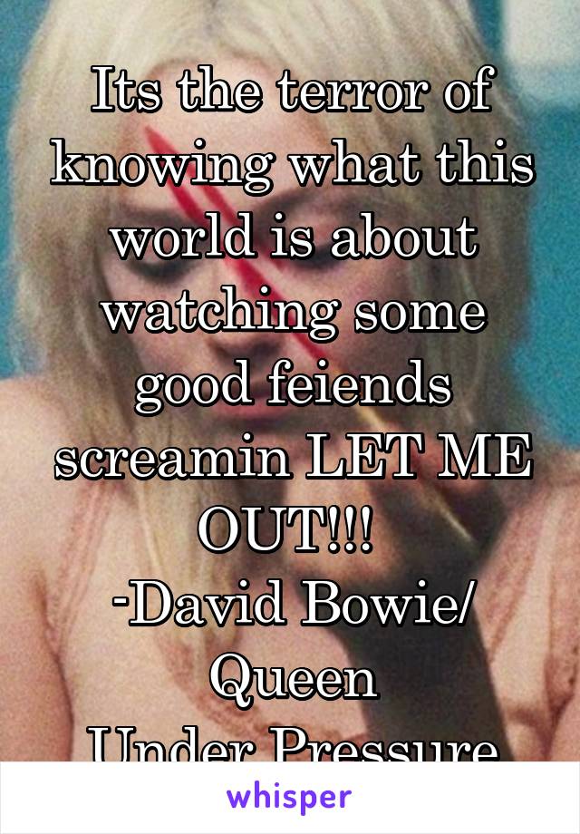 Its the terror of knowing what this world is about watching some good feiends screamin LET ME OUT!!! 
-David Bowie/ Queen
Under Pressure