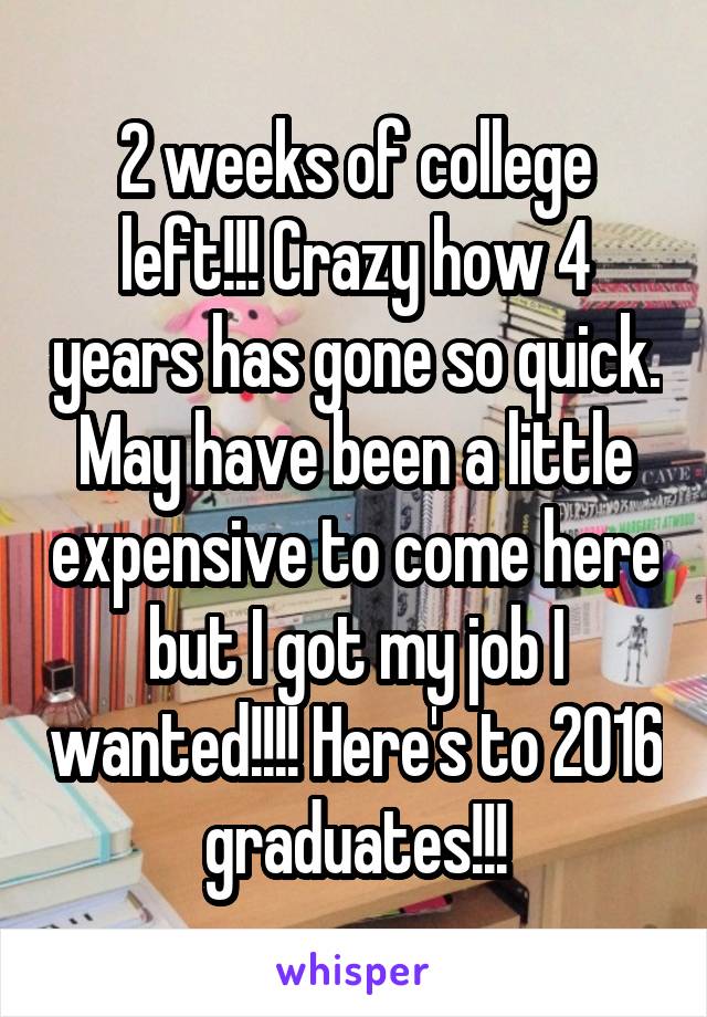 2 weeks of college left!!! Crazy how 4 years has gone so quick. May have been a little expensive to come here but I got my job I wanted!!!! Here's to 2016 graduates!!!