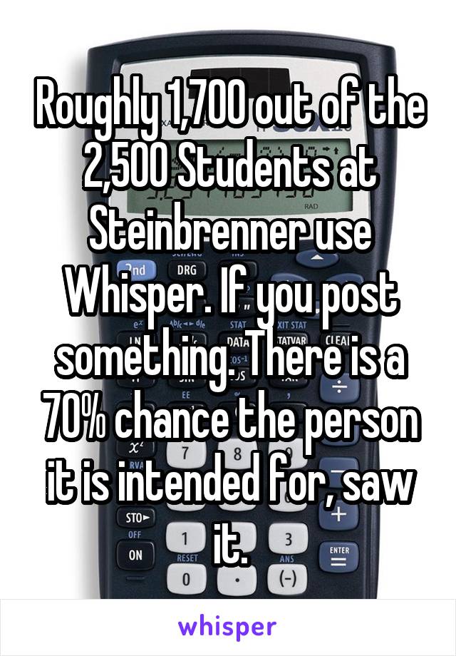 Roughly 1,700 out of the 2,500 Students at Steinbrenner use Whisper. If you post something. There is a 70% chance the person it is intended for, saw it.