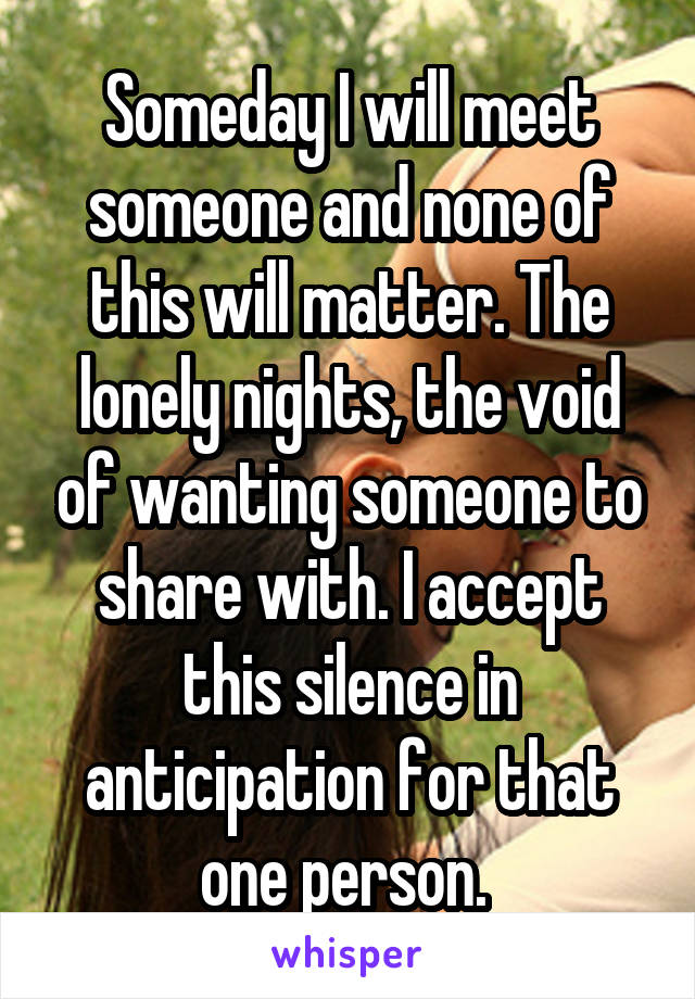 Someday I will meet someone and none of this will matter. The lonely nights, the void of wanting someone to share with. I accept this silence in anticipation for that one person. 