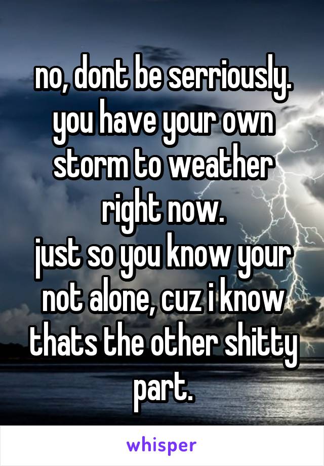 no, dont be serriously.
you have your own storm to weather right now.
just so you know your not alone, cuz i know thats the other shitty part.