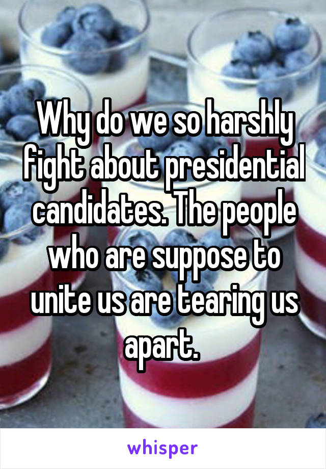 Why do we so harshly fight about presidential candidates. The people who are suppose to unite us are tearing us apart. 