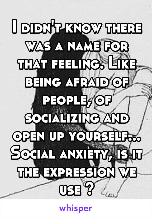 I didn't know there was a name for that feeling. Like being afraid of people, of socializing and open up yourself... Social anxiety, is it the expression we use ?