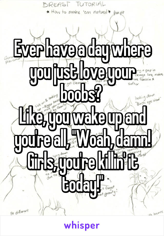 Ever have a day where you just love your boobs? 
Like, you wake up and you're all, "Woah, damn! Girls, you're killin' it today!"