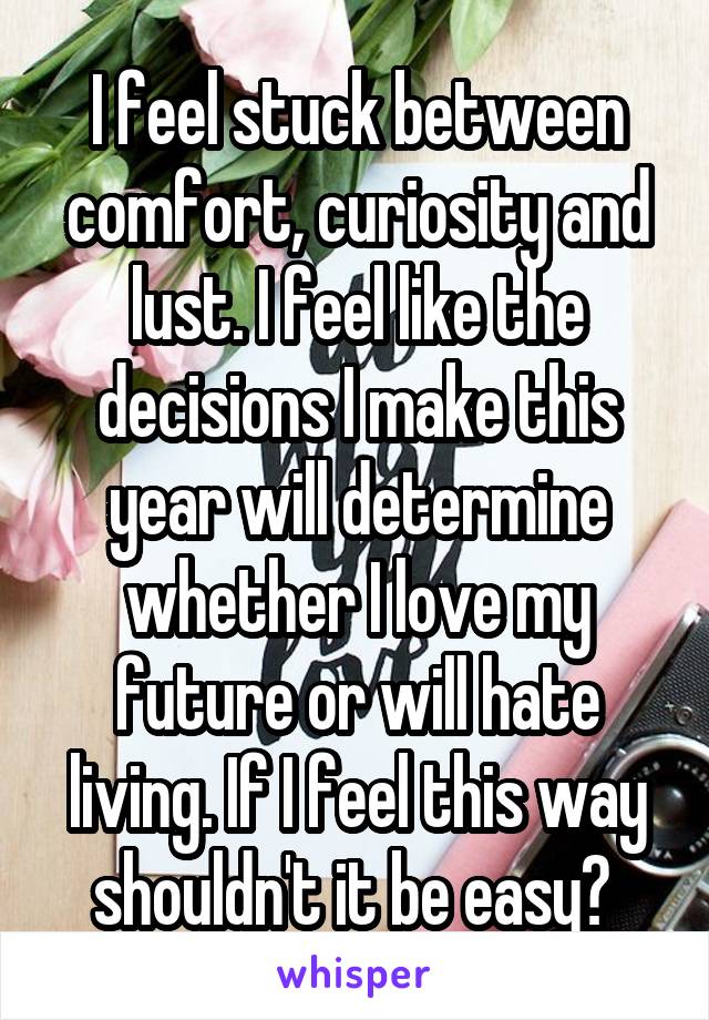 I feel stuck between comfort, curiosity and lust. I feel like the decisions I make this year will determine whether I love my future or will hate living. If I feel this way shouldn't it be easy? 