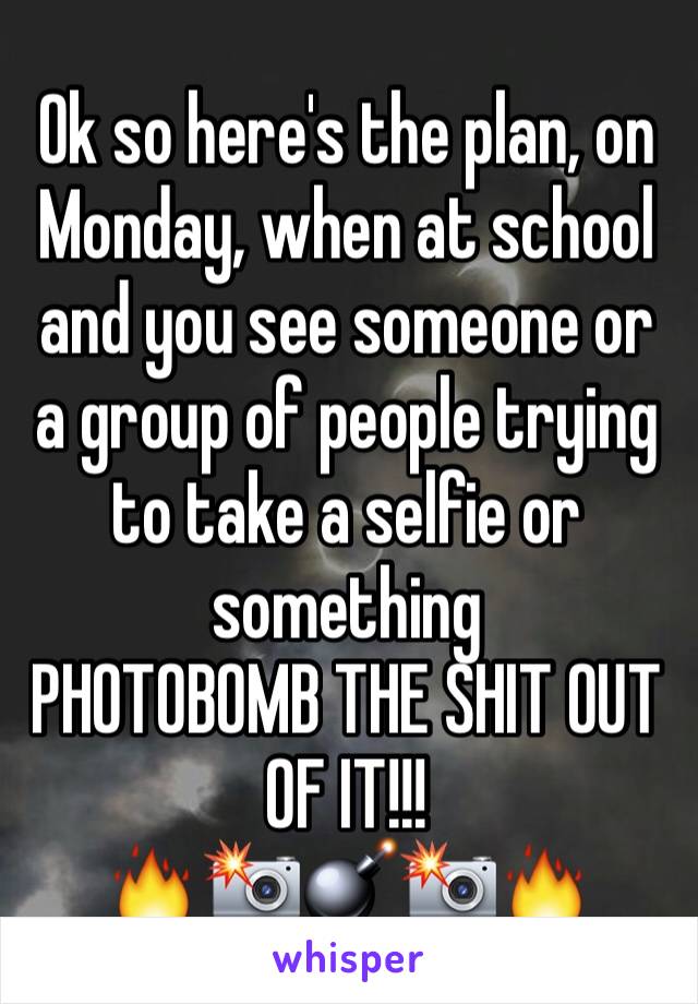 Ok so here's the plan, on Monday, when at school and you see someone or a group of people trying to take a selfie or something
PHOTOBOMB THE SHIT OUT OF IT!!!
🔥📸💣📸🔥