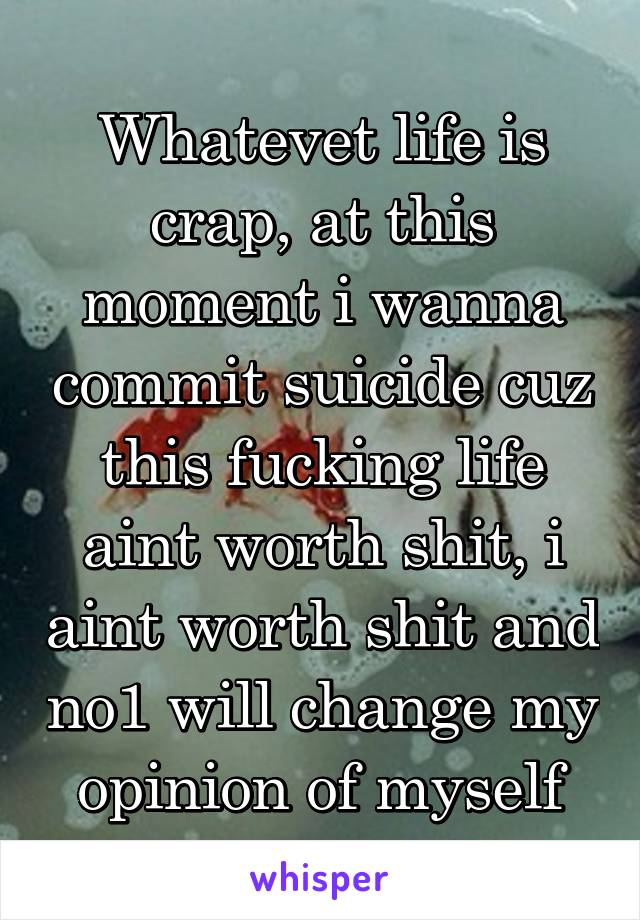 Whatevet life is crap, at this moment i wanna commit suicide cuz this fucking life aint worth shit, i aint worth shit and no1 will change my opinion of myself