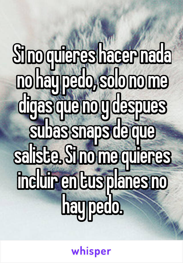 Si no quieres hacer nada no hay pedo, solo no me digas que no y despues subas snaps de que saliste. Si no me quieres incluir en tus planes no hay pedo.