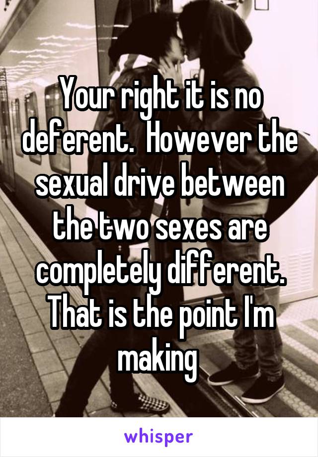 Your right it is no deferent.  However the sexual drive between the two sexes are completely different. That is the point I'm making 