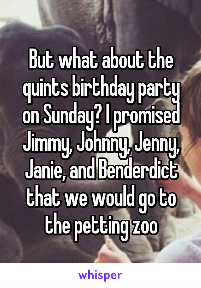 But what about the quints birthday party on Sunday? I promised Jimmy, Johnny, Jenny, Janie, and Benderdict that we would go to the petting zoo