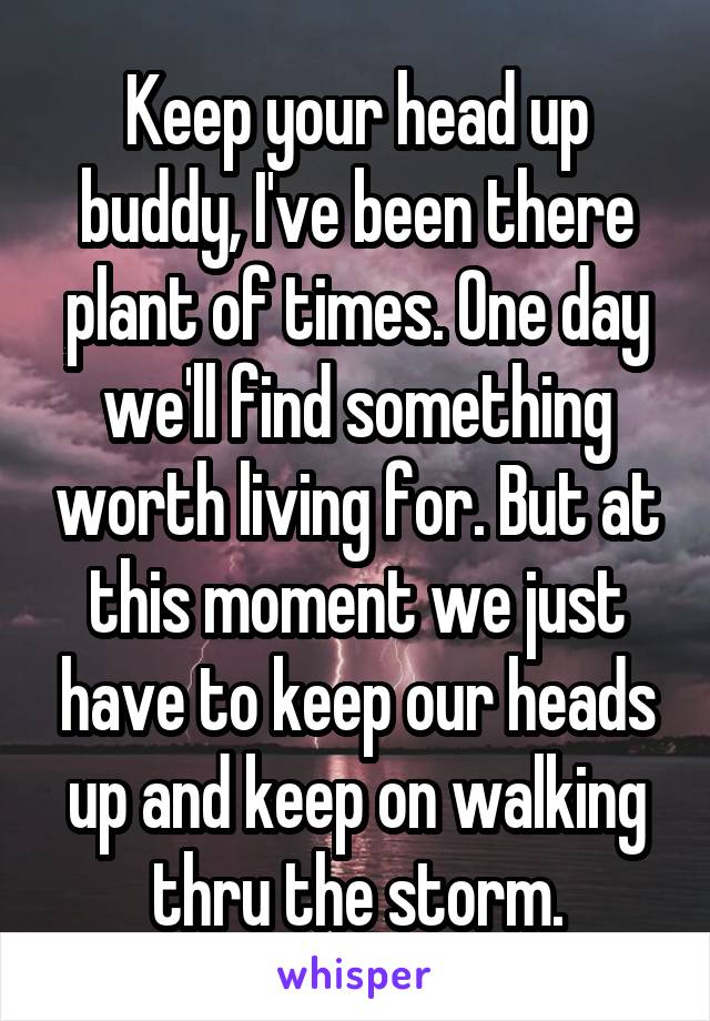 Keep your head up buddy, I've been there plant of times. One day we'll find something worth living for. But at this moment we just have to keep our heads up and keep on walking thru the storm.