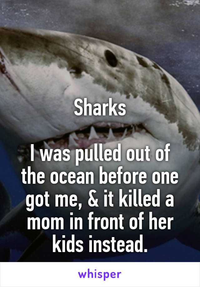 


Sharks

I was pulled out of the ocean before one got me, & it killed a mom in front of her kids instead.