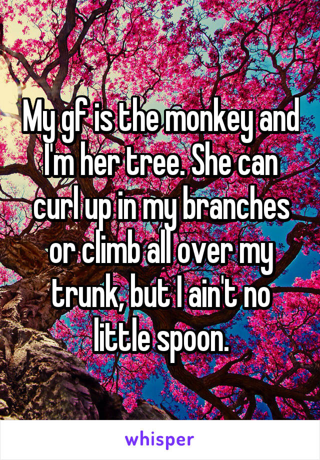 My gf is the monkey and I'm her tree. She can curl up in my branches or climb all over my trunk, but I ain't no little spoon.