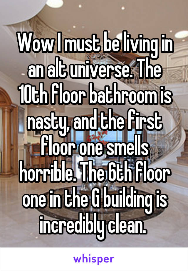 Wow I must be living in an alt universe. The 10th floor bathroom is nasty, and the first floor one smells horrible. The 6th floor one in the G building is incredibly clean. 