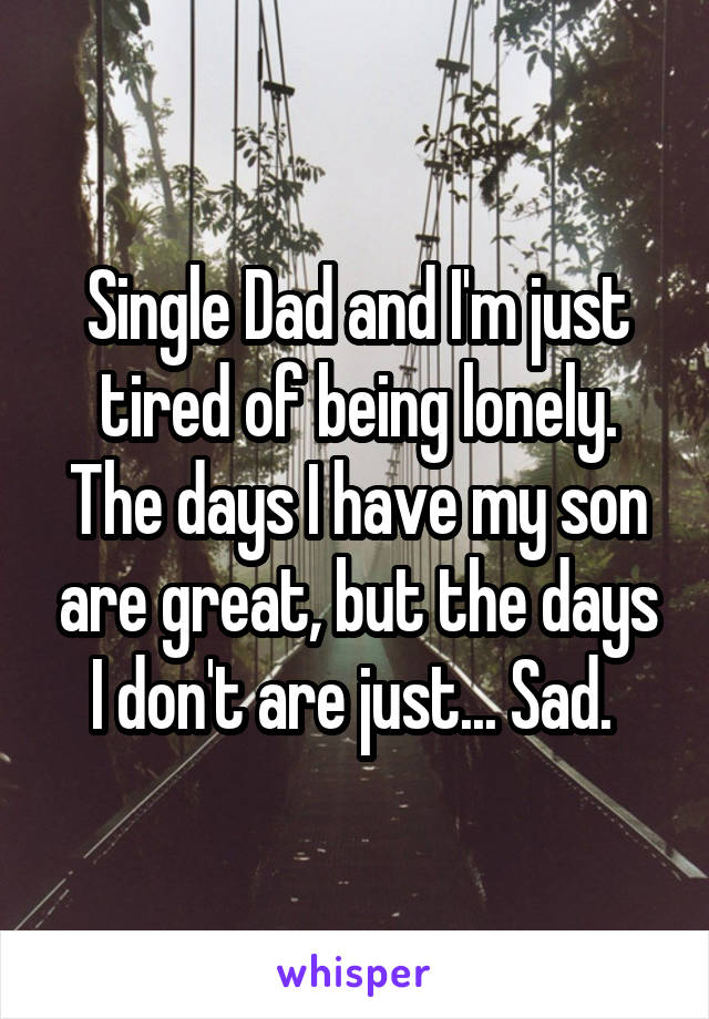 Single Dad and I'm just tired of being lonely. The days I have my son are great, but the days I don't are just... Sad. 