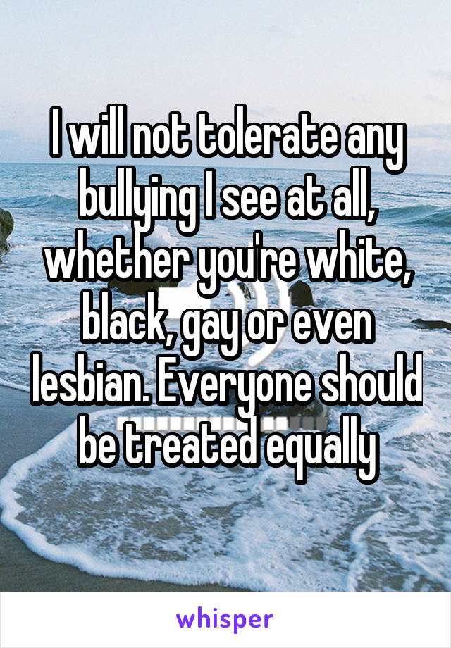 I will not tolerate any bullying I see at all, whether you're white, black, gay or even lesbian. Everyone should be treated equally
