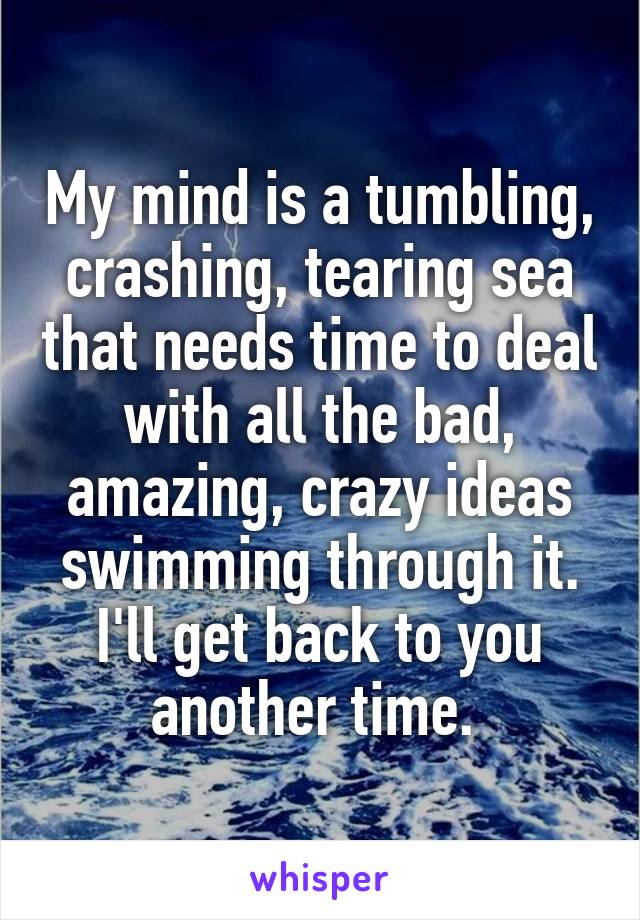 My mind is a tumbling, crashing, tearing sea that needs time to deal with all the bad, amazing, crazy ideas swimming through it. I'll get back to you another time. 