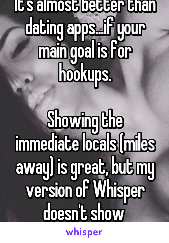 It's almost better than dating apps...if your main goal is for hookups.

Showing the immediate locals (miles away) is great, but my version of Whisper doesn't show 
gender/age.