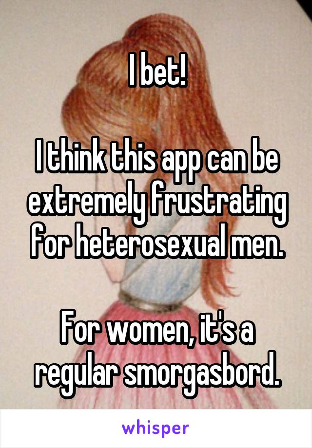 I bet!

I think this app can be extremely frustrating for heterosexual men.

For women, it's a regular smorgasbord.