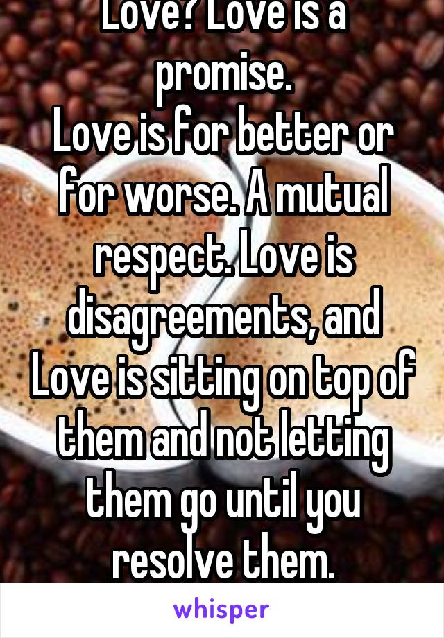 Love? Love is a promise.
Love is for better or for worse. A mutual respect. Love is disagreements, and Love is sitting on top of them and not letting them go until you resolve them.
Love is forever.