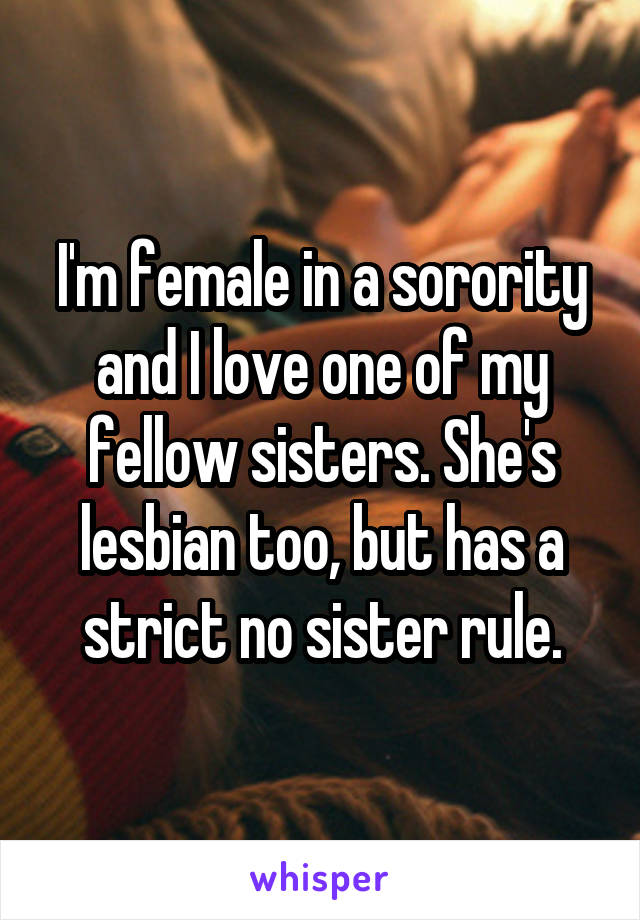 I'm female in a sorority and I love one of my fellow sisters. She's lesbian too, but has a strict no sister rule.