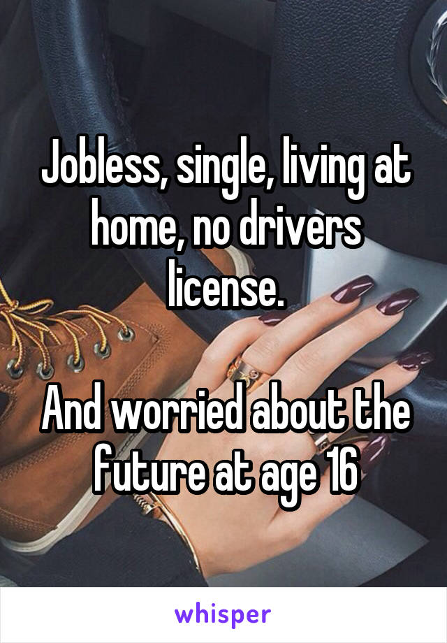 Jobless, single, living at home, no drivers license.

And worried about the future at age 16