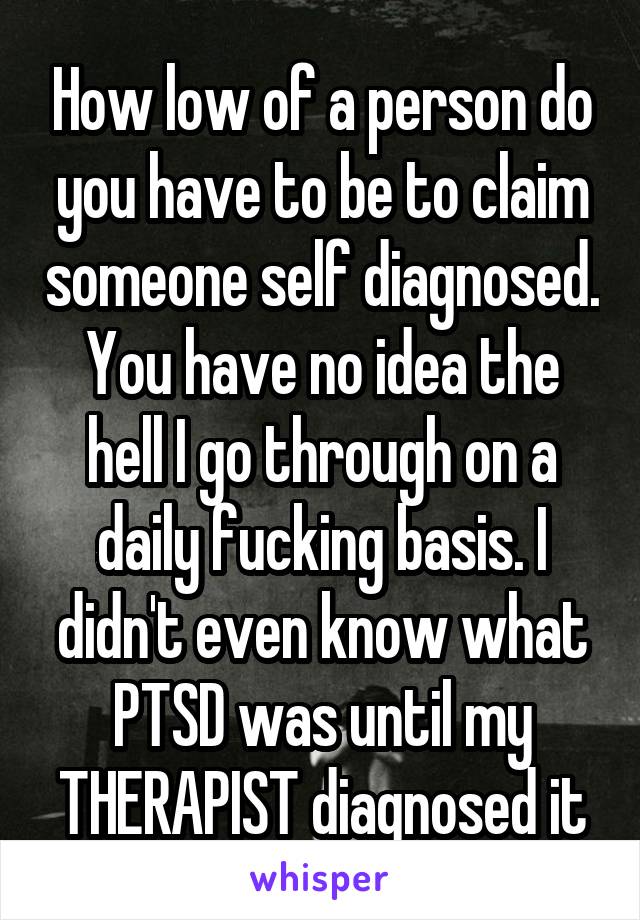 How low of a person do you have to be to claim someone self diagnosed. You have no idea the hell I go through on a daily fucking basis. I didn't even know what PTSD was until my THERAPIST diagnosed it