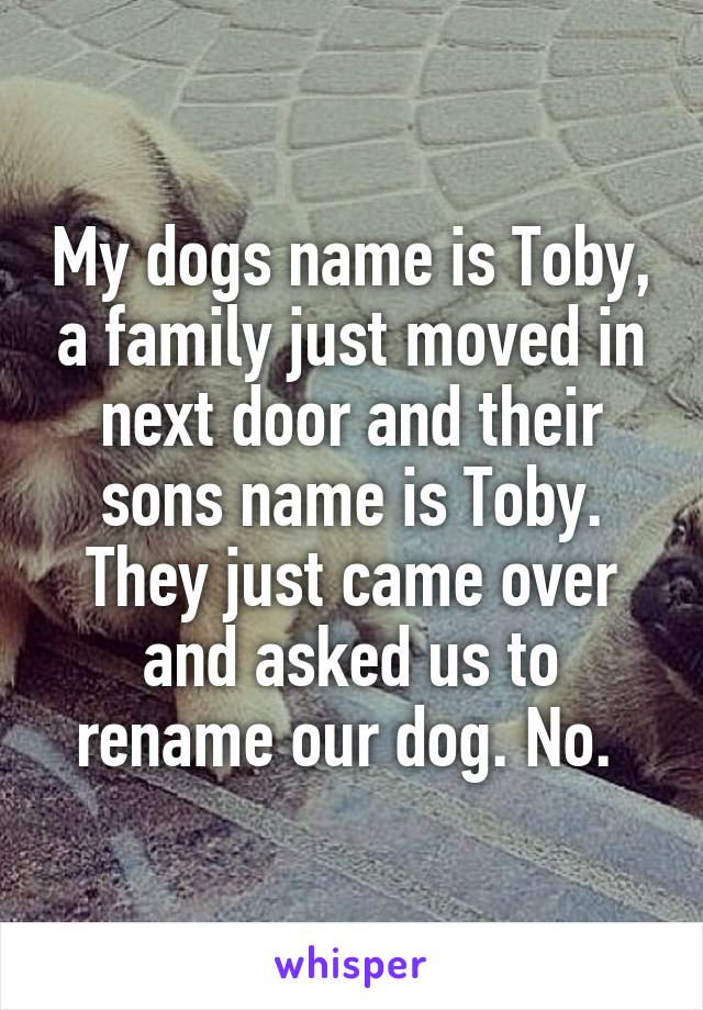 My dogs name is Toby, a family just moved in next door and their sons name is Toby. They just came over and asked us to rename our dog. No. 