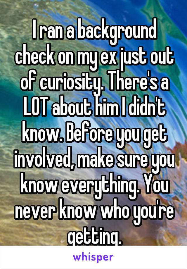 I ran a background check on my ex just out of curiosity. There's a LOT about him I didn't know. Before you get involved, make sure you know everything. You never know who you're getting.