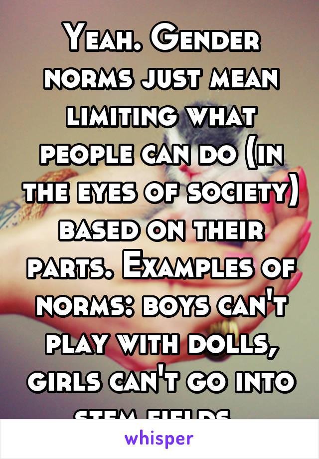 Yeah. Gender norms just mean limiting what people can do (in the eyes of society) based on their parts. Examples of norms: boys can't play with dolls, girls can't go into stem fields. 