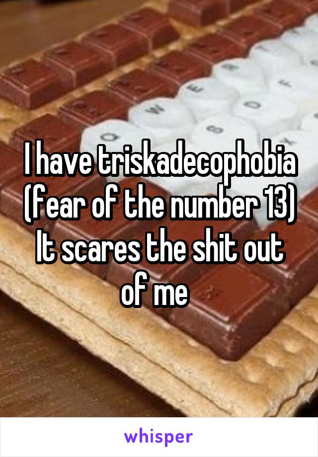 I have triskadecophobia (fear of the number 13)
It scares the shit out of me  