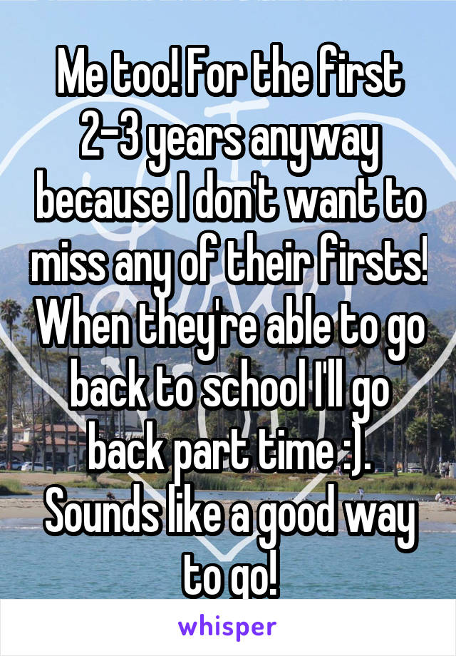 Me too! For the first 2-3 years anyway because I don't want to miss any of their firsts! When they're able to go back to school I'll go back part time :). Sounds like a good way to go!