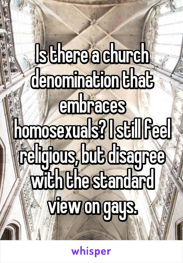 Is there a church denomination that embraces homosexuals? I still feel religious, but disagree with the standard view on gays.