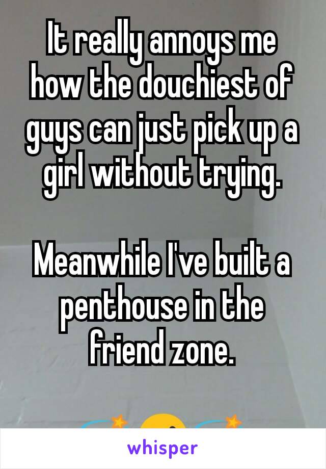 It really annoys me how the douchiest of guys can just pick up a girl without trying.

Meanwhile I've built a penthouse in the friend zone.

💫😮💫