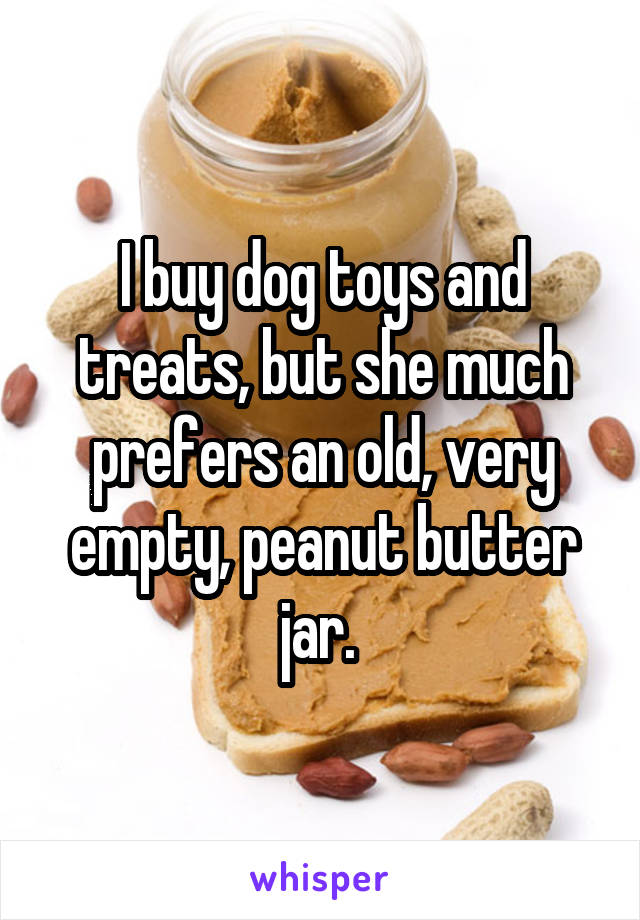 I buy dog toys and treats, but she much prefers an old, very empty, peanut butter jar. 
