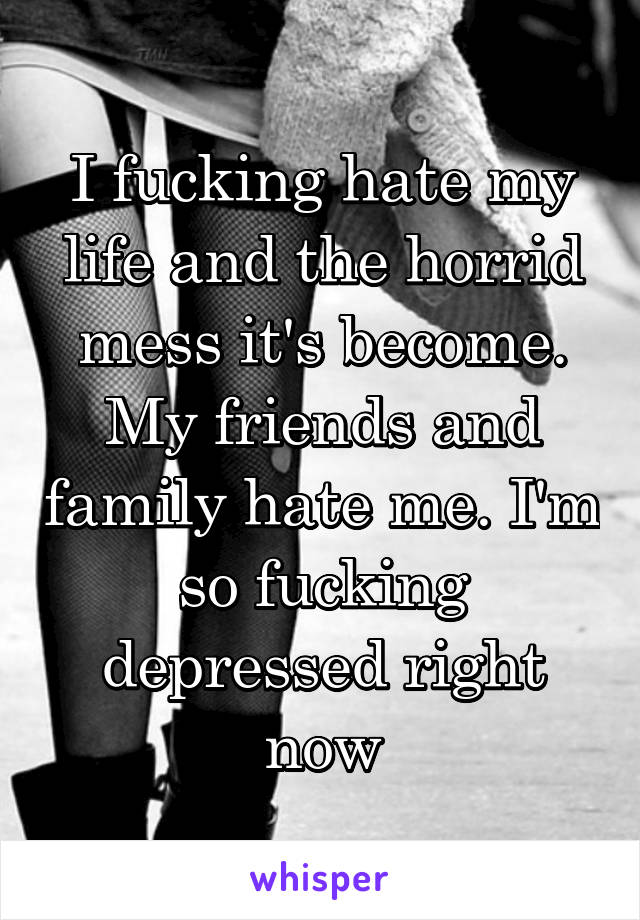 I fucking hate my life and the horrid mess it's become. My friends and family hate me. I'm so fucking depressed right now