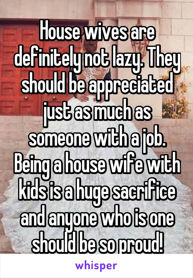 House wives are definitely not lazy. They should be appreciated just as much as someone with a job. Being a house wife with kids is a huge sacrifice and anyone who is one should be so proud!