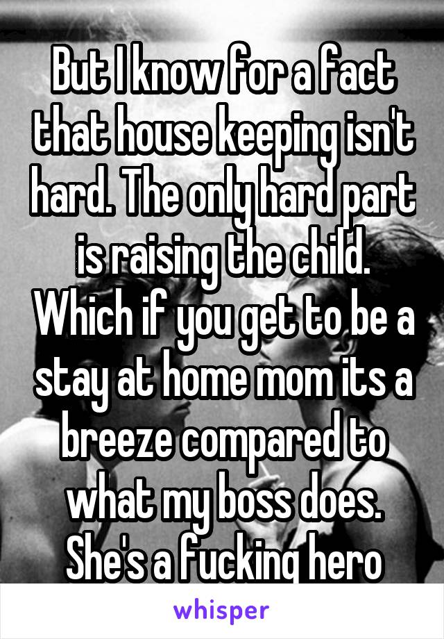 But I know for a fact that house keeping isn't hard. The only hard part is raising the child. Which if you get to be a stay at home mom its a breeze compared to what my boss does. She's a fucking hero