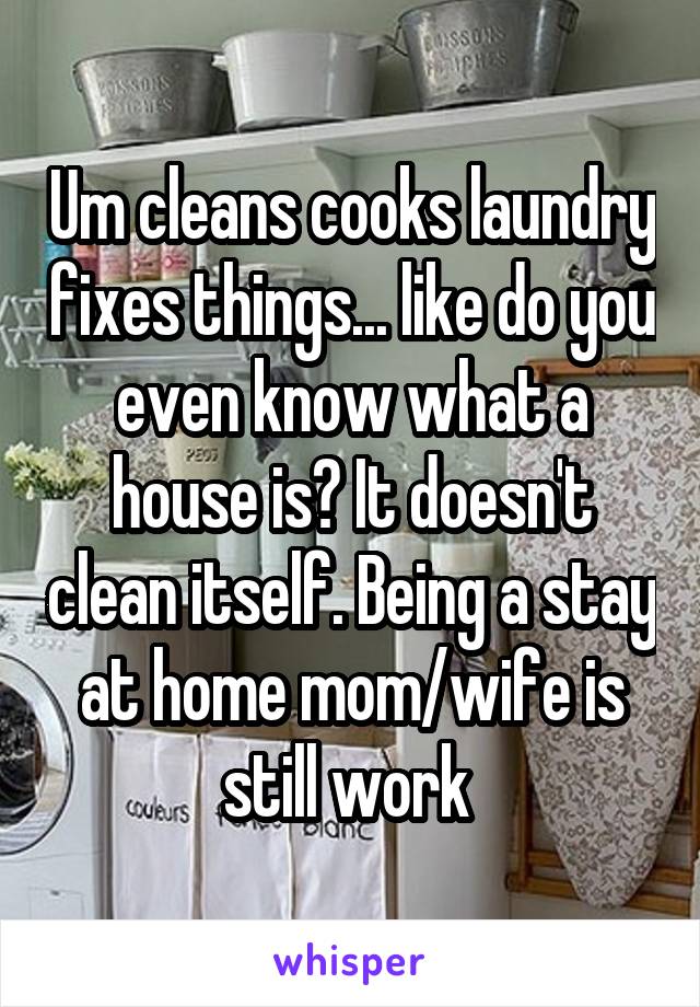 Um cleans cooks laundry fixes things... like do you even know what a house is? It doesn't clean itself. Being a stay at home mom/wife is still work 