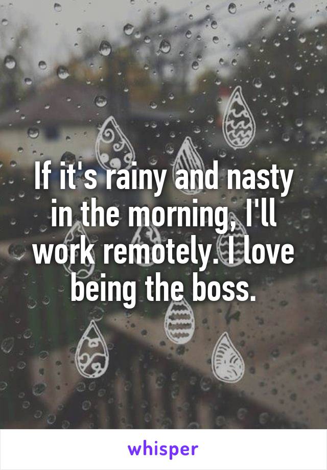 If it's rainy and nasty in the morning, I'll work remotely. I love being the boss.