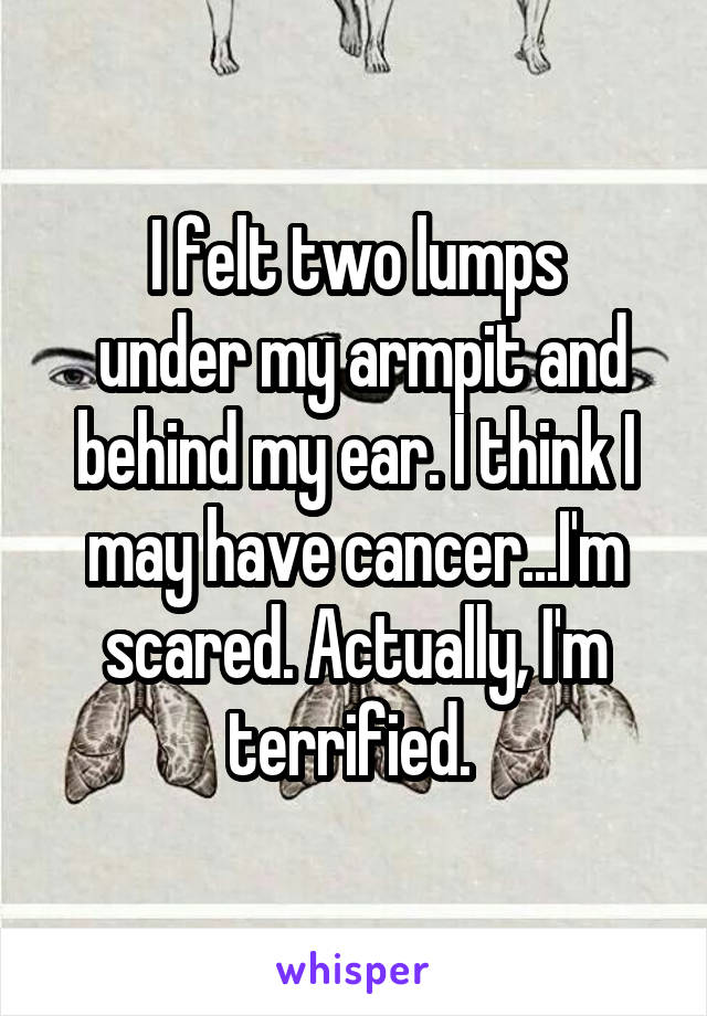 I felt two lumps
 under my armpit and behind my ear. I think I may have cancer...I'm scared. Actually, I'm terrified. 