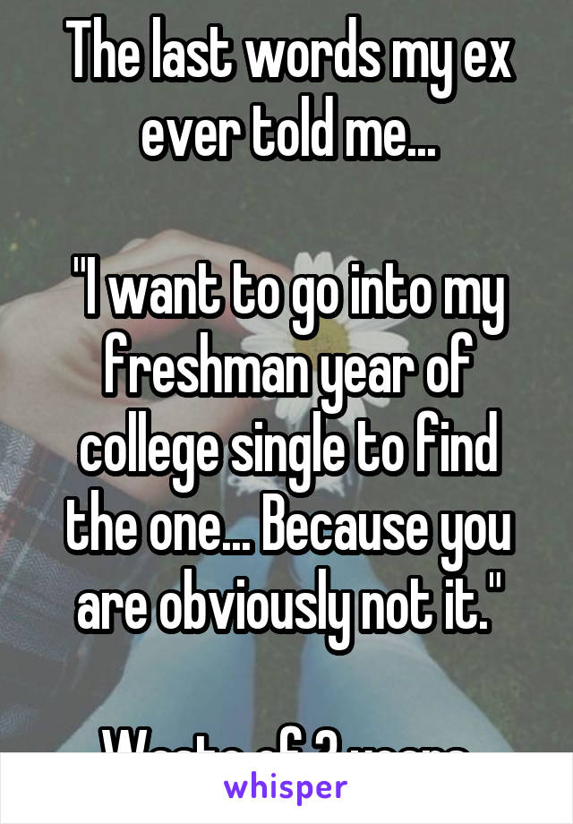 The last words my ex ever told me...

"I want to go into my freshman year of college single to find the one... Because you are obviously not it."

Waste of 3 years.