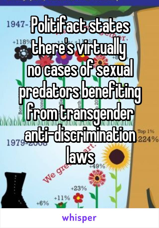 Politifact states there's virtually 
no cases of sexual predators benefiting from transgender anti-discrimination laws

