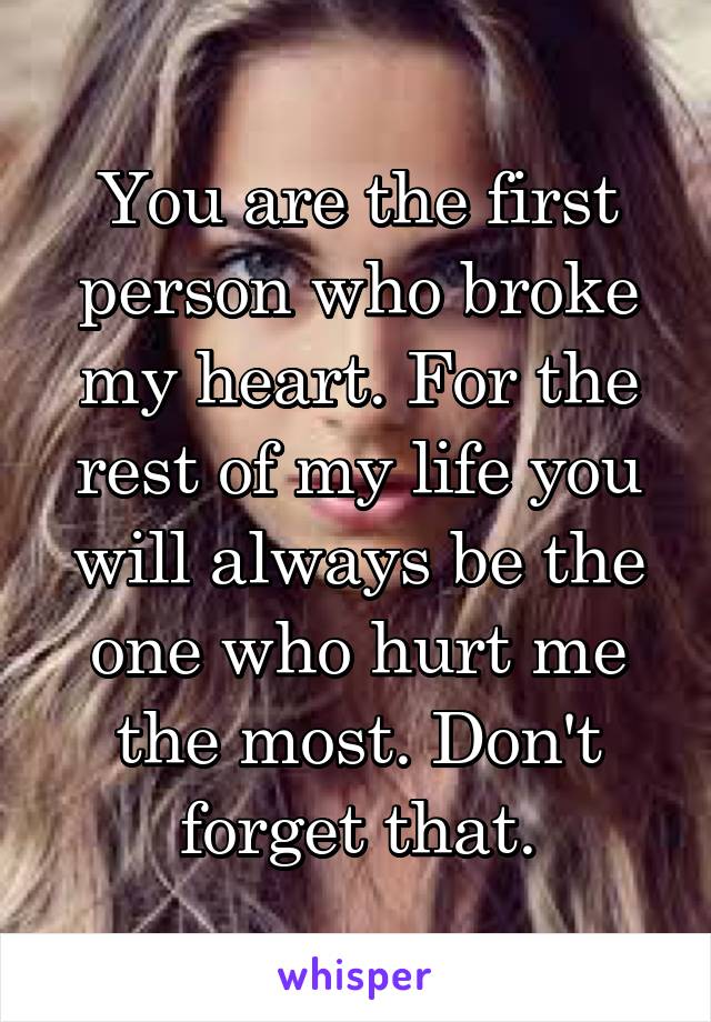 You are the first person who broke my heart. For the rest of my life you will always be the one who hurt me the most. Don't forget that.