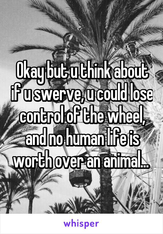 Okay but u think about if u swerve, u could lose control of the wheel, and no human life is worth over an animal... 