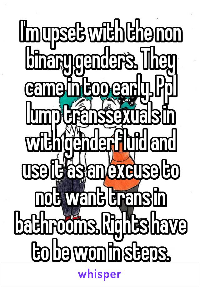 I'm upset with the non binary genders. They came in too early. Ppl lump transsexuals in with genderfluid and use it as an excuse to not want trans in bathrooms. Rights have to be won in steps.