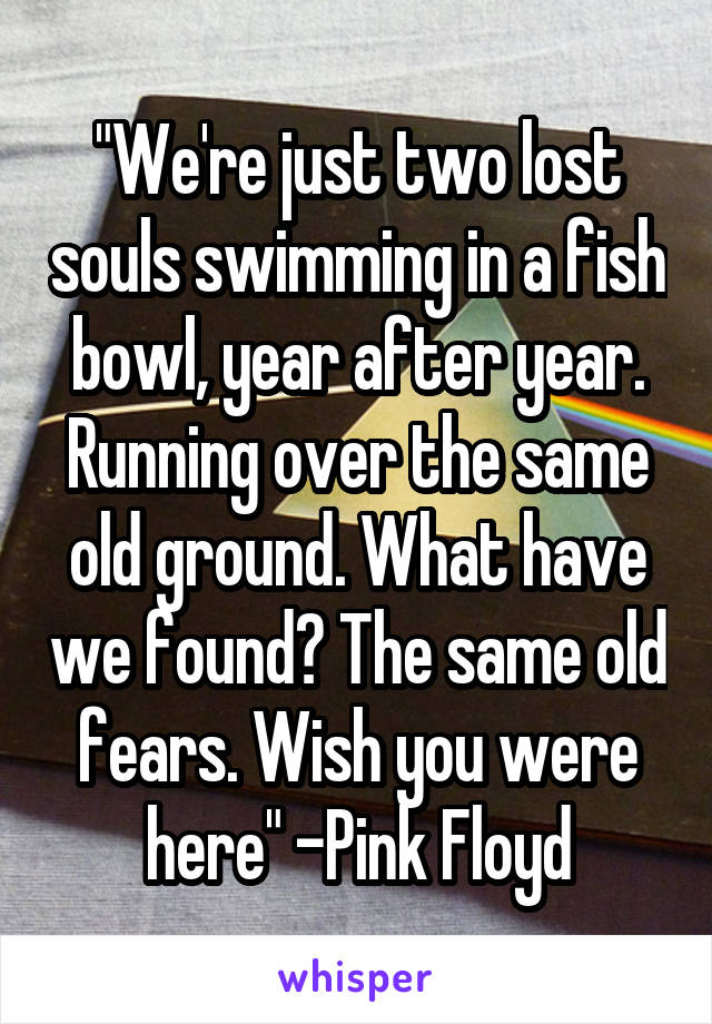 "We're just two lost souls swimming in a fish bowl, year after year. Running over the same old ground. What have we found? The same old fears. Wish you were here" -Pink Floyd